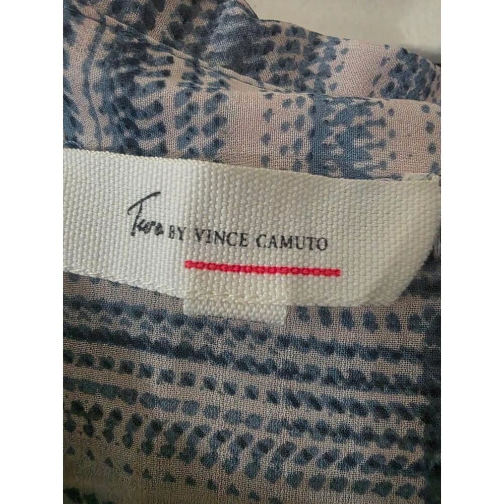 Vince Camuto Blue Abstract Plaid Tunic Blouse Sheer Chiffon Roll Tab Sleeve Top